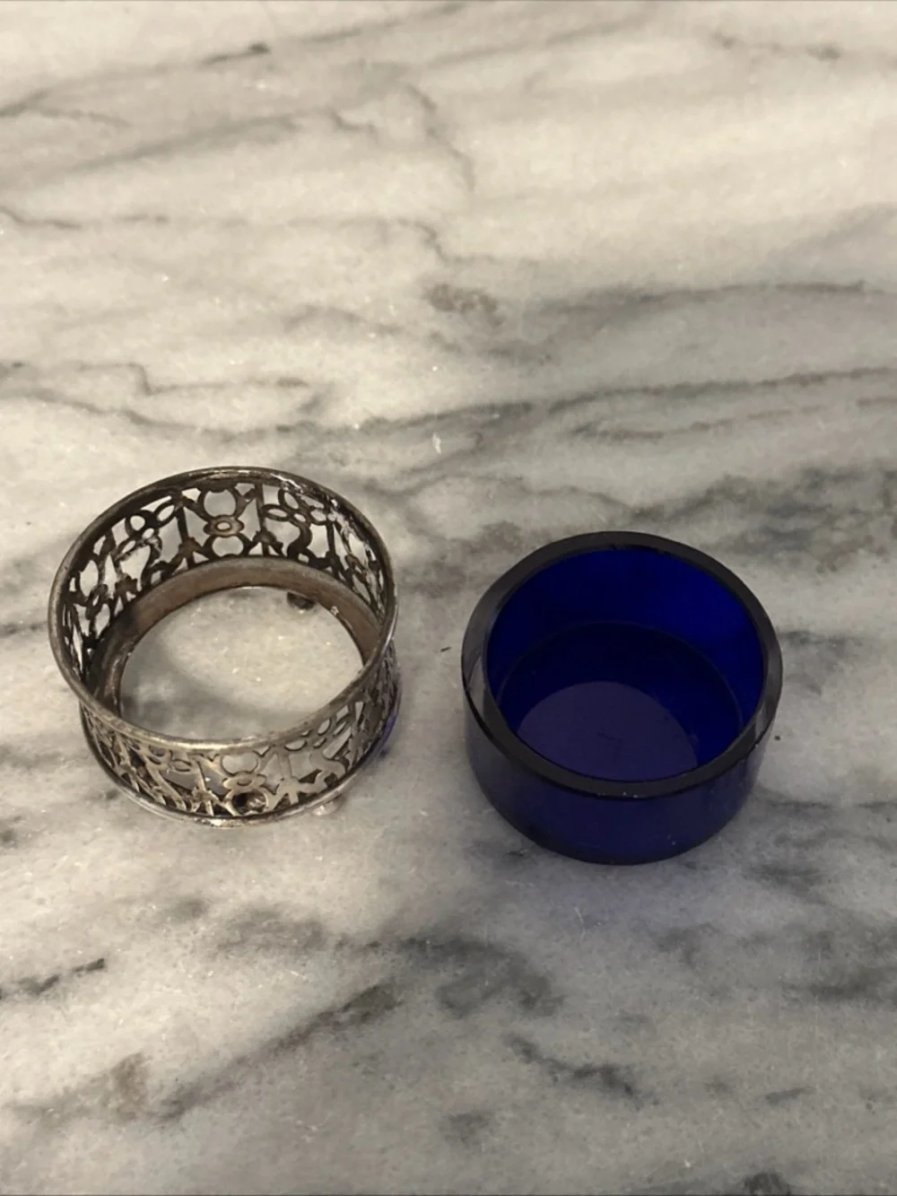 Antique sterling silver with cobalt blue glass insert salt cellar